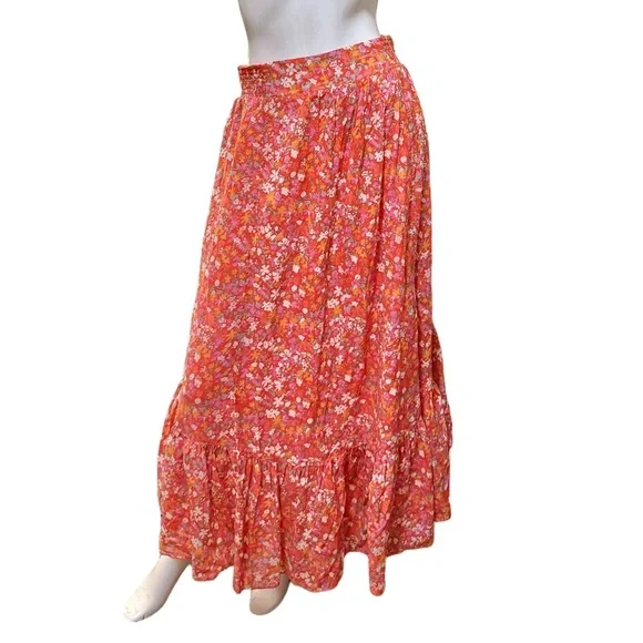 Free People Orange Floral Maxi Ruffle Skirt Large - Picture 2 of 12